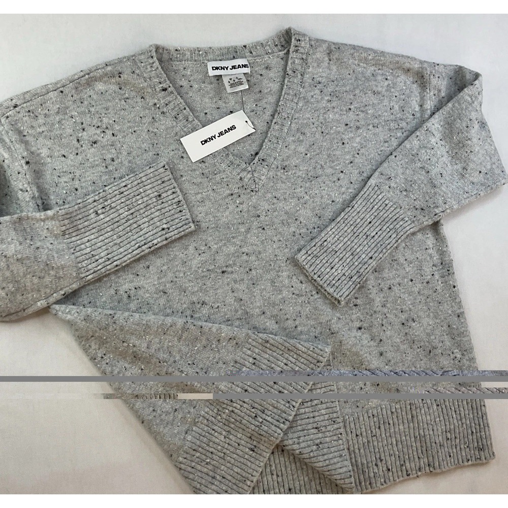 DKNY Jeans V-Neck Sweater Womens M Oversized Gray Flecked Knit Pullover Top NWT